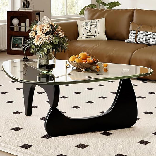 Modern Glass Coffee Table, 44.9"×32.3"×15.8" Triangle Center Table with Tempered Glass Top & Solid Legs, for Office Small Space Living Room