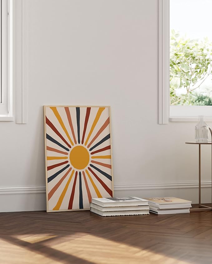 HAUS AND HUES Mid Century Modern Poster - Sun Art Print, Boho Picture for Wall, Centered Yellow Sun Rainbow Rays (Unframed 24x36)