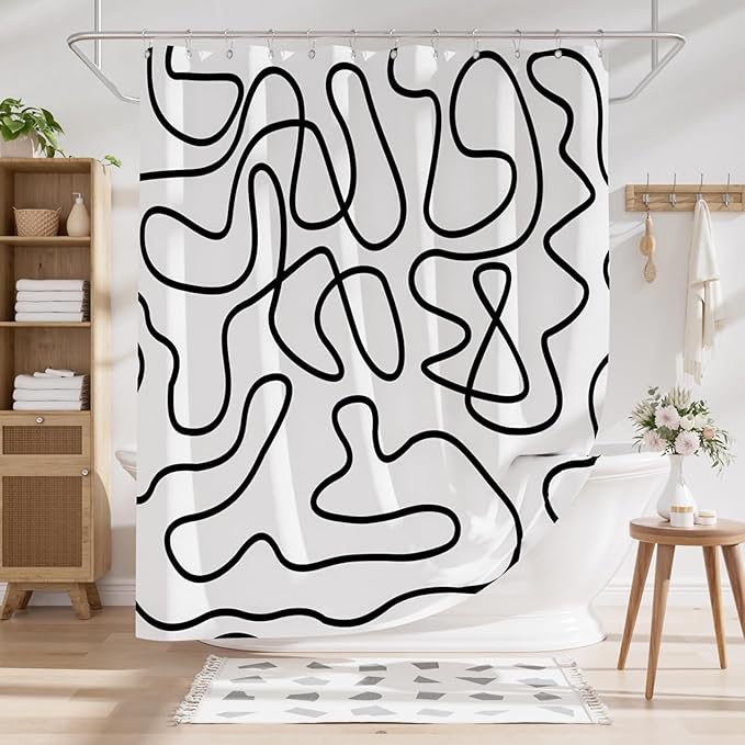 AmazerBath Shower Curtain, Washable Cloth Black and White Shower Curtain Sets with 12 Metal Shower Curtain Hooks, Rustic Abstract Black Lines Art Fabric Shower Curtains for Bathroom Decor, 72x72 Inch