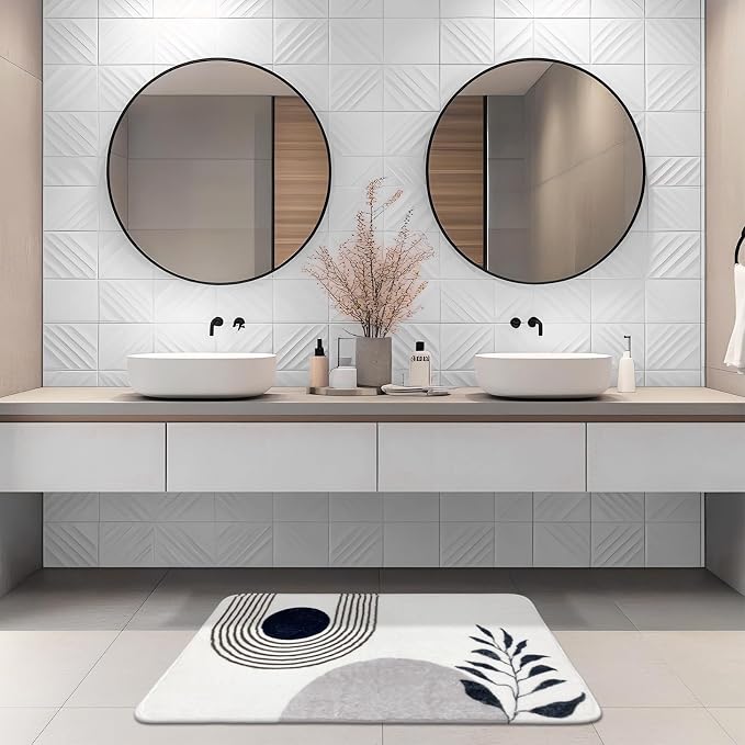 APROPHIC 20"X30" Boho Bath Rugs for Bathroom Decor Non-Slip Bath Mat Absorbent Plush Microfiber Soft Carpet Machine Washable Bath Mat for Bathrooms,Showers,Laundry Rooms,White and Black