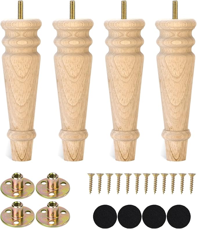Maricome Unfinished Furniture Legs 8 inches Set of 4 Turned Wood Replacement Legs for Dresser Ottoman Chair Bench Solid Round Mid Century Screw in Pre-drilled M8 Bolt
