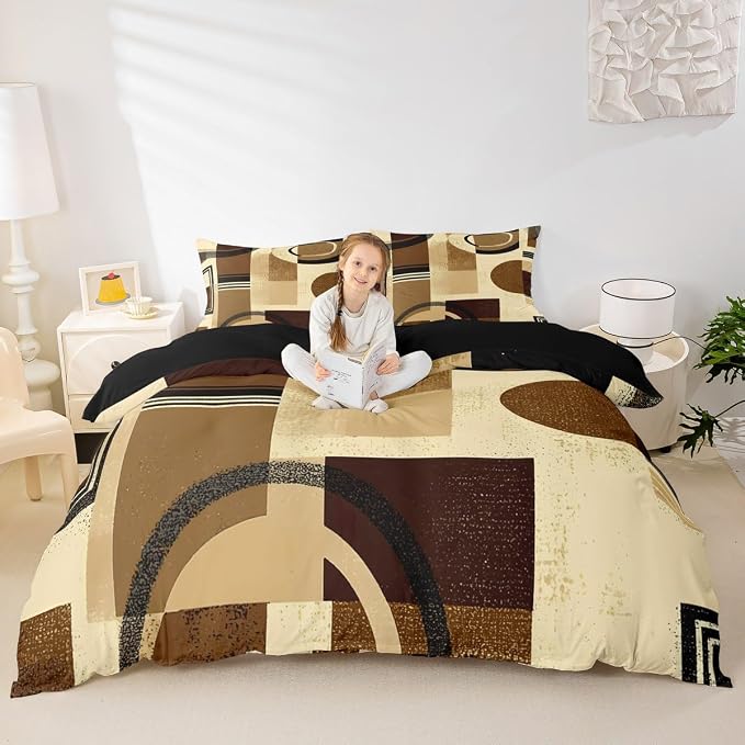 Geometric Striped Circle Duvet Cover Set Queen Size,Abstract Graffiti Retro Squares Bedding Set,Boys Girls Room Decor,Aesthetic Simple Chic Comforter Cover,Brown Quilt Cover,2 Pillowcases(No Filler)