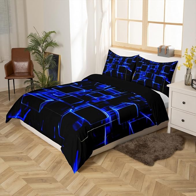 Erosebridal Honeycomb Blue and Black Kids Duvet Cover, Modern Geometric Square Bedding Sets for Boys Girls Gradient Neon Light Abstract Bed Set Queen 3 Pieces, Zipper Closure