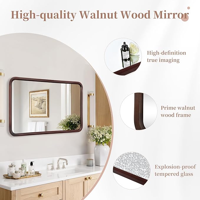 Bathroom Mirror for Wall,Wood Rectangle 24 x 36 inch Hanging Vatiny Tempered Mirrors with Rounded Corner for Living Room,Bedroom,Entryway