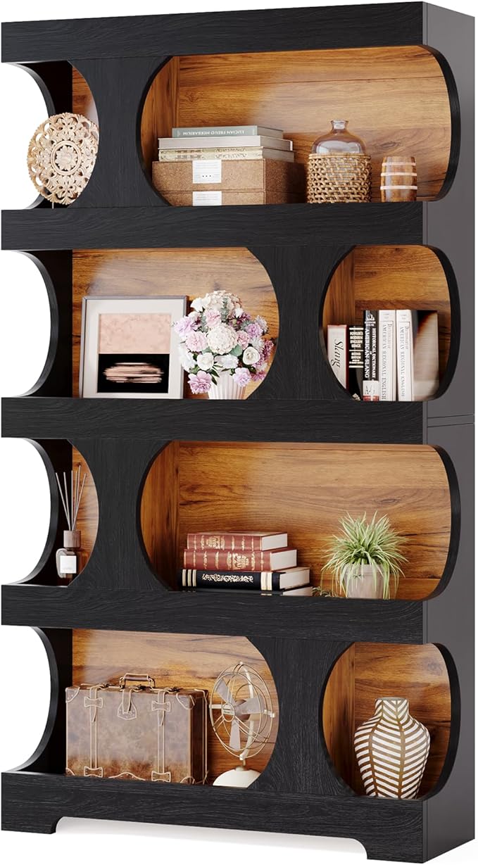 Tribesigns 71" Tall Bookcase Set of 2, 4-Tier S-Shaped Bookshelf, Wood Decorative Storage Shelving, Modern Freestanding Display Shelves, Large Library Bookshelf Unit for Home Office, Black & Brown