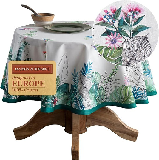 Maison d' Hermine Table Cloth Round Table 100% Cotton 63 Round Inches Tablecloth Reusable Decorative for Dining Room Farmhouse Home Valentines Day Decorations Spring Summer - Tropiques