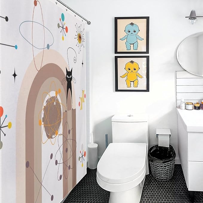 Atomic Cat Shower Curtain,Mid Century Modern Funny Black Cat Geometric Arched Abstract Modern Art Minimalist Boho Bathroom Curtain Polyester Waterproof Fabric Decor 72x72in（183x183cm）