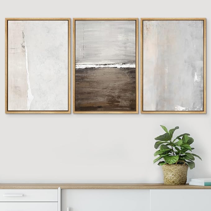 SIGNWIN Framed Canvas Print Wall Art Set Gray Grunge Watercolor Landscapes Shapes Abstract Illustrations Modern Art Decorative Nordic Chic for Living Room, Bedroom, Office - 16"x24"x3 Natural