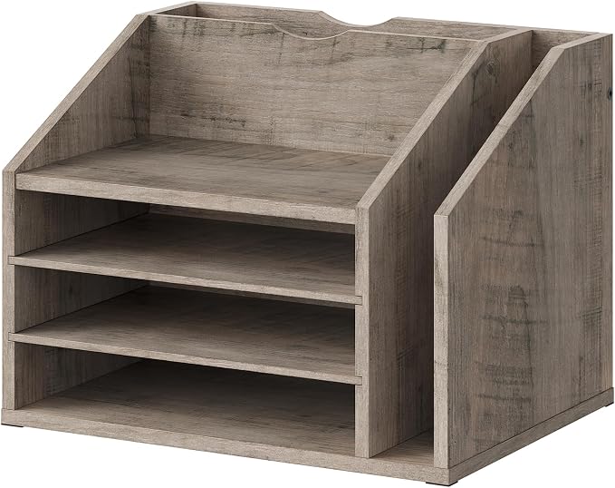 CHOEZON Wooden Desk Organizer with Adjustable Partitions, Multi-Layer Desktop File Holder for Home Office, Paper & Stationery Storage Organizer, Greige MWJ04FH