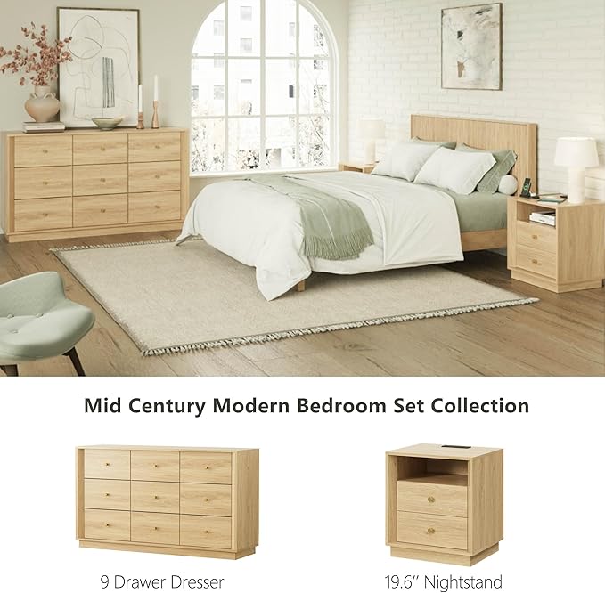 9 Drawer Dresser, Mid Century Modern Dresser with Storage, 55" Wide Chest of Drawers with Wood Grain Texture, Dressers TV Stand for Bedroom, Living Room, Hallway, Gold Oak