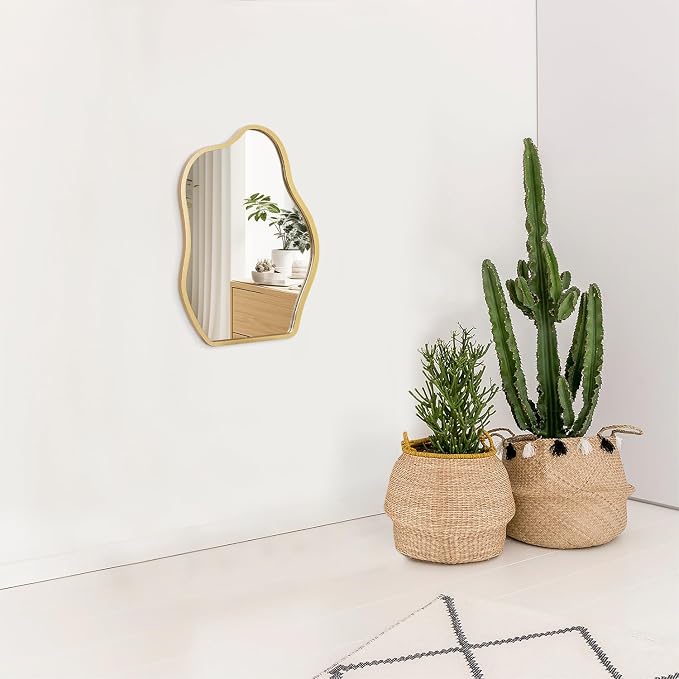 Gold Mirror for Wall Decor Small Asymmetrical Modern Wooden Framed Hanging Wall Mirror Unique Shape Wall Mounted Vanity Artistic Mirror Decorative for Living Room Bedroom Bathroom Entryway