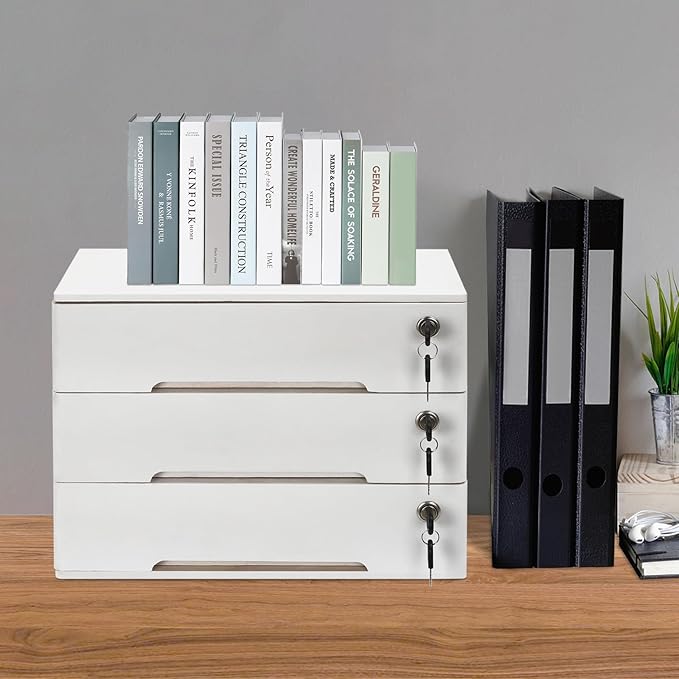 Desktop File Organizer with Lock, 2/3/4 Tier Multi-Drawer Wooden Storage Cabinet, Office Supply Organizer for Home Desk, Study & Workplace (White, 3 Layers)