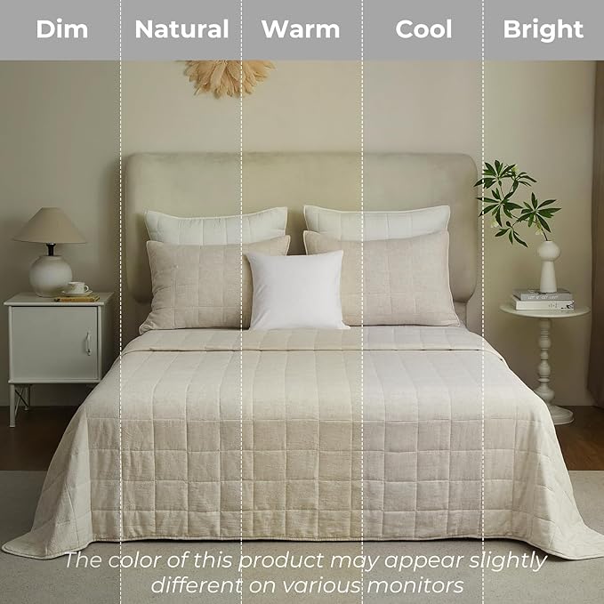 Powdion French Linen Quilt King, Pre-Washed Linen Front and Cotton Back European Comforter, Lightweight Breathable Cotton Quilt King Size for All Season, 3 Pcs Box Stitch Beige King Quilt
