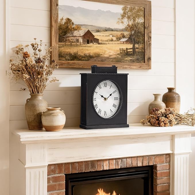 MODE HOME Vintage Mantel Clock, Large Rustic Distressed Metal Table Clock with Handle, Silent Non-Ticking Quartz Movement, Antique Brown Fireplace Shelf Desk Clock for Living Room Bedroom Office