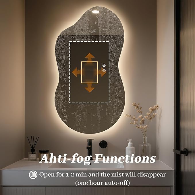 WallBeyond 36"x20" Irregular LED Vanity Mirror with Backlight, Asymmetrical Bathroom Mirror with Lights for Makeup or Modern Sink Area, Anti-Fog & Dimmable, Horizontal/Vertical Mount
