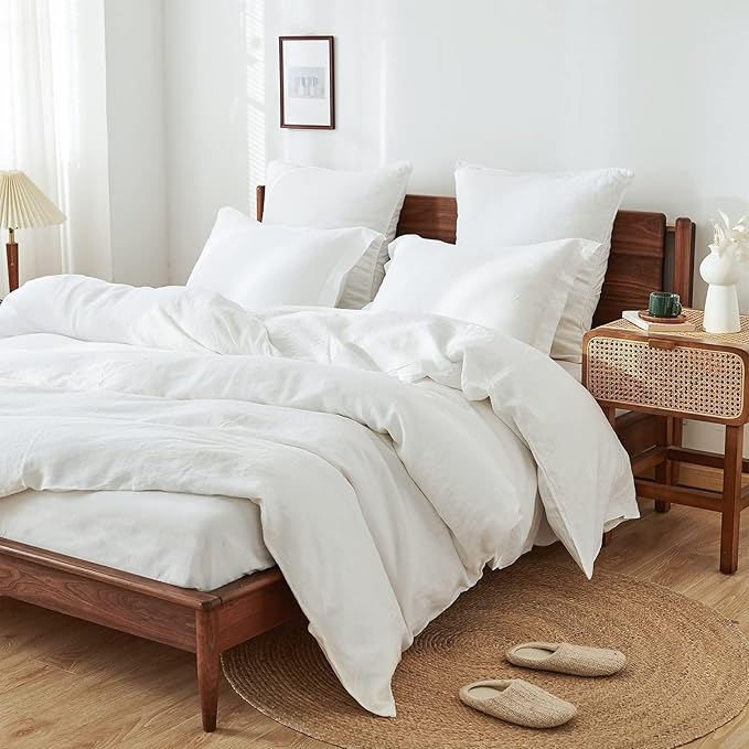 Simple&Opulence 100% Linen Duvet Cover Set, 3 PCS Natural French Flax White Duvet Cover Queen Size, Breathable Soft Comfy Linen Bedding Comforter Cover with 2 Pillowcases(White, 88"x92")