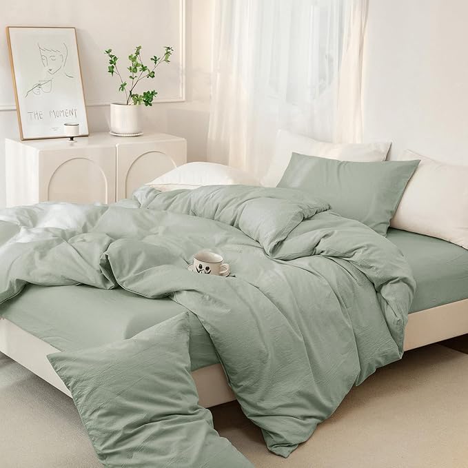 JIYUAN 100% Washed Cotton Duvet Cover Set 3 Pieces Full, 1 Duvet Cover 80x90 Inches(Comforter Not Included) and 2 Pillowcases,Linen Feel Bedding Set Comfy and Breathable, Heathered Sage Green