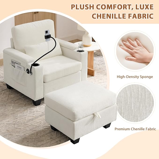 Oversized Chaise Lounge Chair Indoor, Single Convertible Recliner Reading Arm Sofa Chair W/Adjustable Backrest & Charging Port Couch Bed for Living Room, Home Theater & Bedroom, Beige