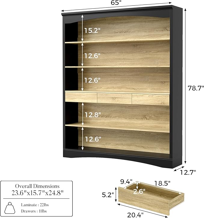 Homsee Traditional 78.7-inch Tall Bookcase Wall, 6-Tier Office Bookshelf Storage Organizer, Display Shelf Unit for Home Office, Living Room, Black & Wood Grain