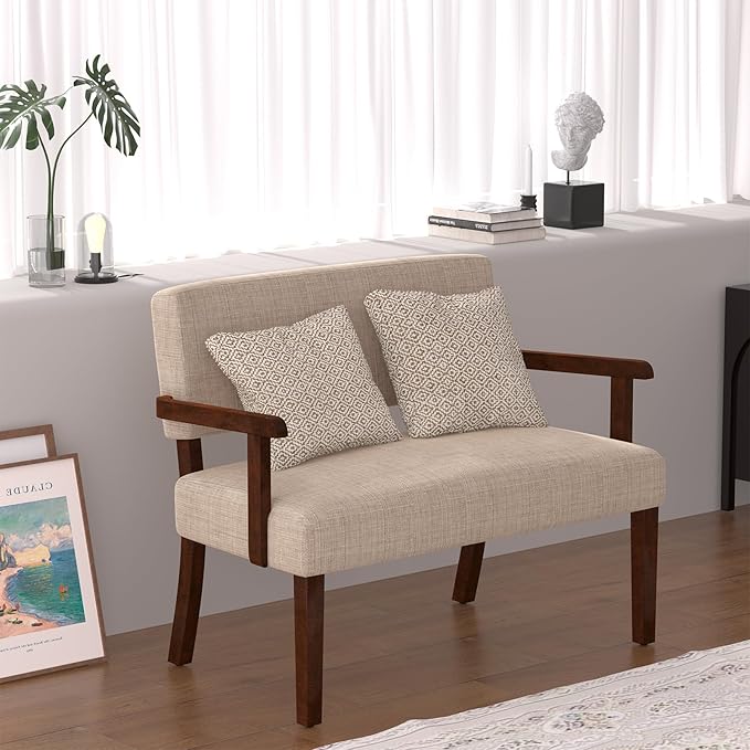 Accent Chair 2 Seat, Upholstered Reading Leisure Chair, Bench with Solid Wood Frame for Dining, Reading,Waiting Rooms (Beige)