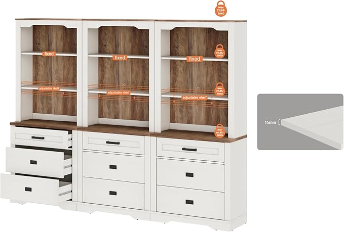 WAMPAT 3 Column 73.3" Tall Bookcase with Chest of Drawers, 94.5 inch Wide Standing Rustic Bookshelves, Modern Farmhouse Display Storage Cabinet with Adjustable Shelves,Antique White