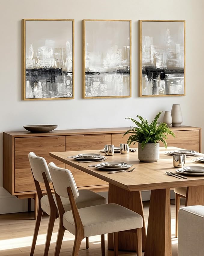 KUVIOKE Abstract Gray Framed Wall Art Neutral Brown Artwork Painting Morden Minimalist Wall Decor Rustic Home Decor 16x24in (Natural Framed)