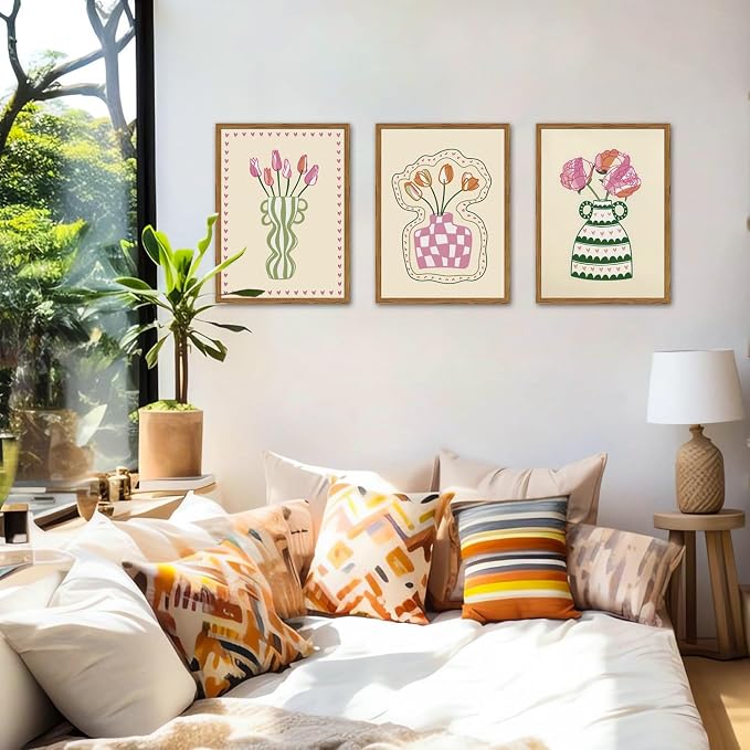 Framed Boho Floral Canvas Wall Art Set of 3, Pink Tulip Flower Paintings Wall Decor, Abstract Botanical Pictures Prints Minimalist Home Decor Aesthetic for Living Room Bedroom Office 12×16 inch