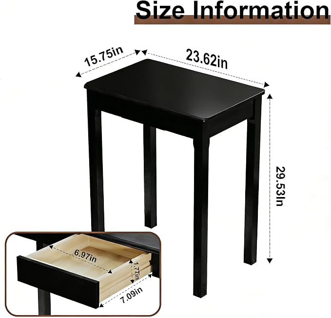 Solid Wood Desk with Drawers - 24 x 16 Inch Simple Narrow Desks, Rubber Wood Study Table, Small Writing Desk for Small Spaces|Bedroom - Modern Black Desks