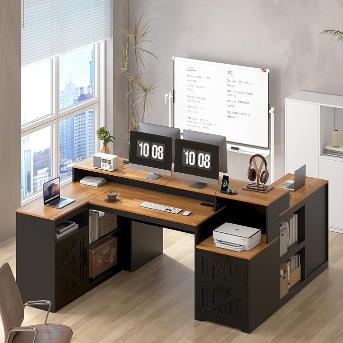 TVU Farmhouse L Shaped Desk with Drawers, 62.2" Home Office Desk with Storage Shelves and Power Outlet, L Shaped Computer Desk with Monitor Stand and Printer Shelf, Brown and Black