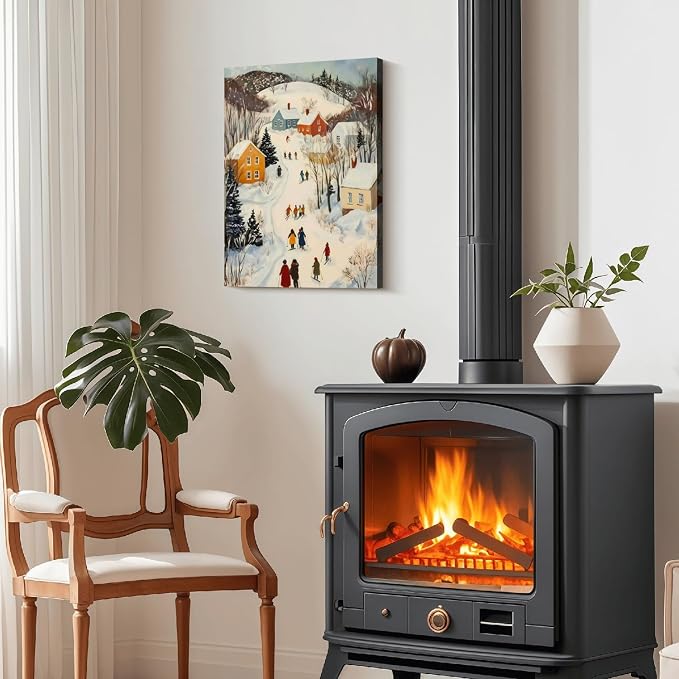 Framed Winter skiing Scene Canvas Wall Art Nordic Landscape Painting Print Poster Picture Gallery Wall Decoration Living Room Bedroom Dining room 16X24 Inch Ready to Hang