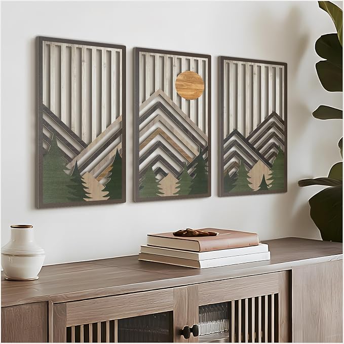VIYYIEA Boho Solid Wood Carved Wall Art Set of 3, Geometric Minimalist Wooden Home Decor Panels, Handcrafted Solid Wood Wall Hanging for Living Room Bedroom Hallway, 16 x 8 Inch Each (Sunrise Green)
