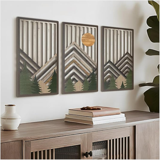 VIYYIEA Boho Solid Wood Carved Wall Art Set of 3, Geometric Minimalist Wooden Home Decor Panels, Handcrafted Solid Wood Wall Hanging for Living Room Bedroom Hallway, 16 x 8 Inch Each (Sunrise Green)
