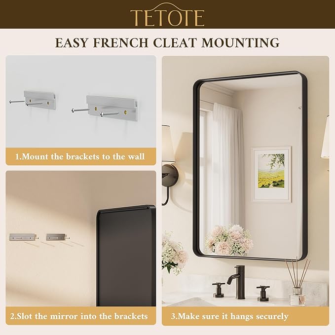 TETOTE 55 x 30 Inch Bathroom Mirror, Matte Black Modern Metal Frame Rectangle Modern Farmhouse Wall Mounted Vanity Mirror (Horizontal/Vertical)