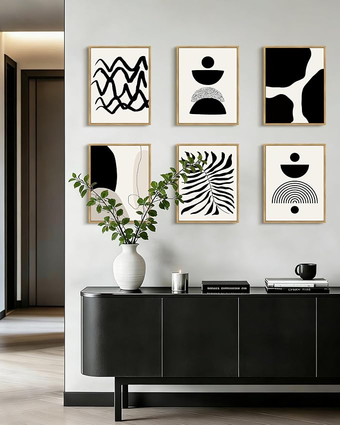 Drsoum Abstract Boho Wall Art Minimalist Geometric Framed Boho Room Decor Black Line Art Mid Century Modern Prints Bohemian Living Room Bedroom Ready to Hang 11x14inx6pcs (Natural Framed)