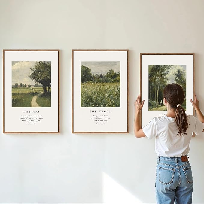 KaiWithYuan Christian Scripture Framed Canvas Wall Art Set, Jesus Bible Verse Posters Wall Decor, Vintage Monet Nature landscape Art Paintings for Living Room Bedroom Dining Room Prayer Room 16"x24"x3