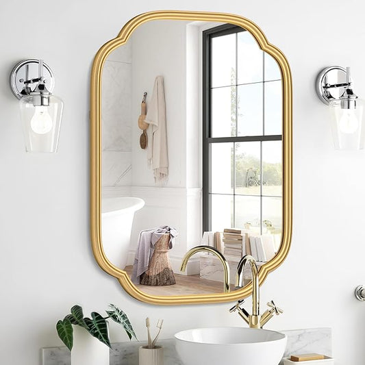 Gold Mirrors for Bathroom, 18" x 24" Rectangular Wall Mirror for Bathroom Metal Frame Farmhouse Rounded Corner Wall Mirror (Horizontal/Vertical)
