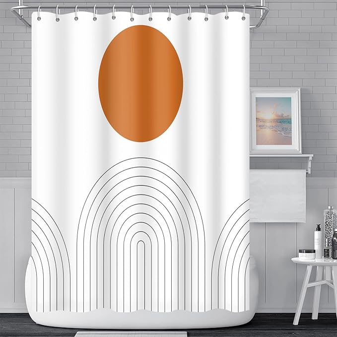 Abstract Mid Century Bohemian Bathroom Shower Curtain Orange Sun Lines Arch with Hooks Waterproof Fabric Polyester, 72x84 Inch