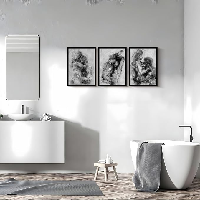 3Pcs Framed Black and White Canvas Wall Art Abstract Nude Prints Couple Modern Gallery Style Painting Pen sketch Posters Decorations Bedroom Living Room Bathroom 16x24 Inch Ready to Hang