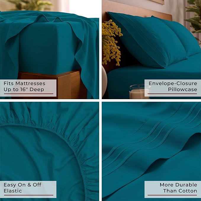 Mellanni Twin Sheets Set - 3 PC Iconic Collection Bedding - Hotel Luxury, Extra Soft, Cooling Bed Sheets - Wrinkle, Fade, Stain Resistant (Twin, Teal)