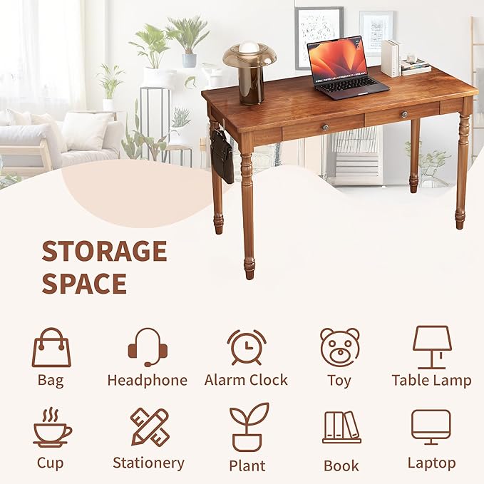 47 x 22 Inch Wooden Desk with Drawers -Simple Mid Century Modern Desk with 2 Hooks, Solid Rubber Wood Study Table for Living Room, Bedroom & Home Office, Walnut Color