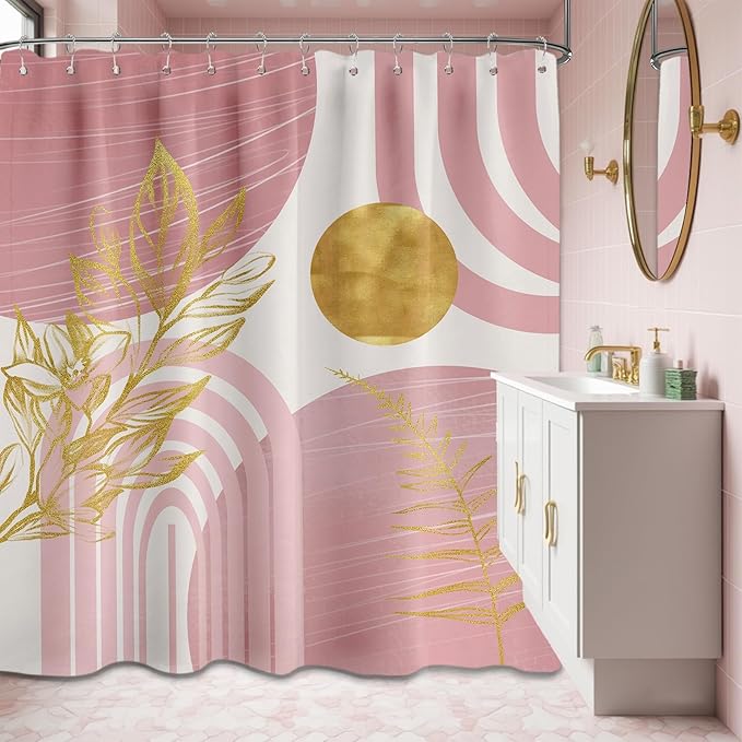 Blush Pink and Gold Shower Curtain Boho Mid Century Light Pink and White Shower Curtains for Bathroom Decor, Waterproof Cloth Fabric with Hooks, 70" W x 72" L