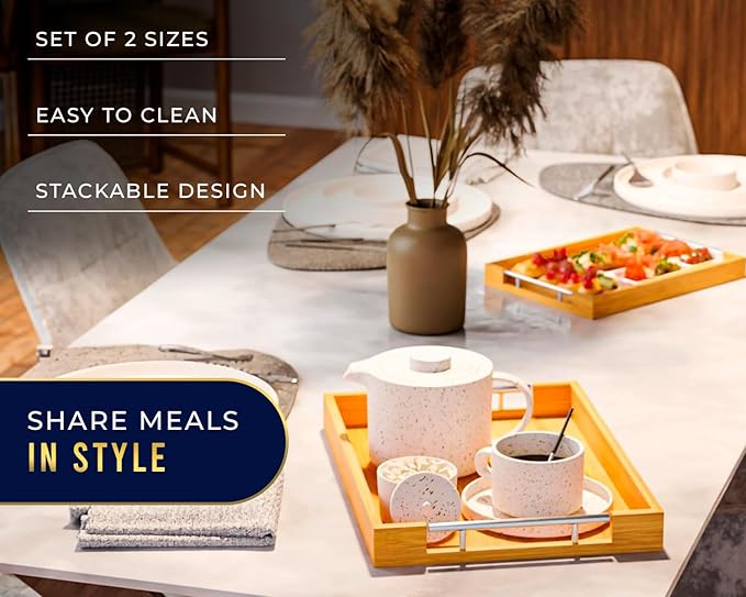 Comfify Decorative Bamboo Serving Trays with Silver Stainless Steel Handles – 2-Piece Set for Coffee Table, Ottoman, Breakfast in Bed, Jewelry & Decor Organization – 12"x17" – Pure Bamboo Finish