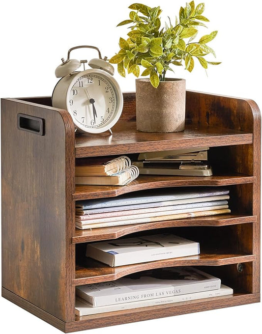 YMYNY Desktop File Organizer with Handle, Document Letter Mail Tray Sorter with 3 Adjustable Shelves, 5 Tiers Paper Holder for School Home Office Desk, Rustic Brown,13.4 * 12.4 * 9.06" UHBC006H