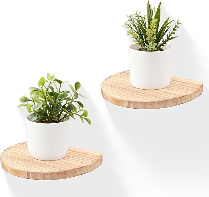 Small Wood Floating Shelves (2-Pack, 8-inch Diameter) - Round Sturdy Invisible Wall Mount Display for Small Plants,Toys,Bathroom,Living Room Storage & Modern Rustic Décor (Carbonized Brown)