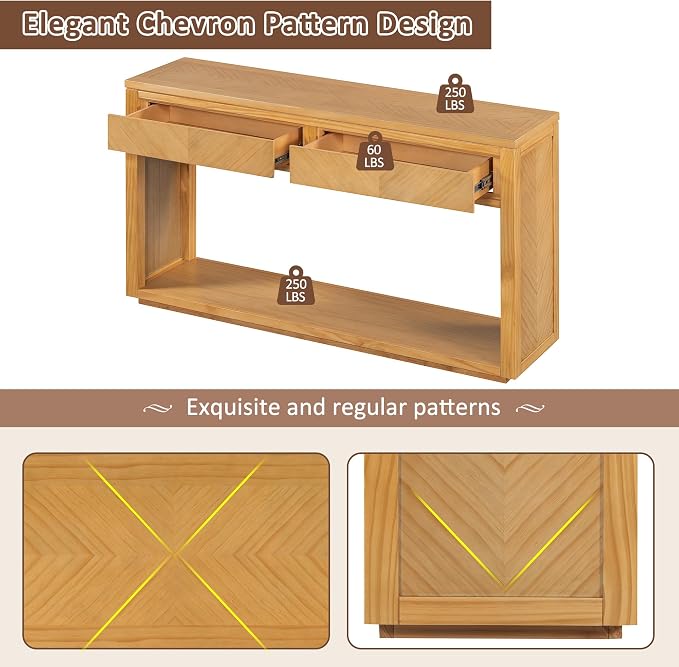 Wood Console Table, 55" Retro Narrow Long Sofa Table Behind Couch with Storage Drawers and Open Shelf for Hallway Entryway Living Room Entrance, Natural