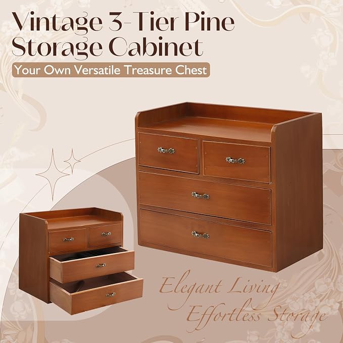 Vintage Wooden Desk Organizer with 4 Drawers — Small Wood Desktop Storage Cabinet for Jewelry, Makeup, Office Supplies & Accessories - Rustic Mini Drawer Chest for Clutter-Free, Desk Zen
