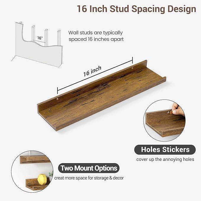 Axeman Picture Ledge Shelf | 24 Inch Brown Floating Shelves Set of 3 | Rustic Brown Wood Wall Shelves with Lip | 24" Picture Shelf for Wall with Ledge | Photo Shelves