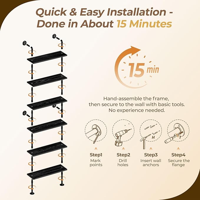 6 Tier Industrial Ladder Shelf Bookcase, Wall Mounted Rustic Bookshelf for Living Room Decor and Storage (Black, 6 Tier - 10" D x 36" W x 82.5" H)