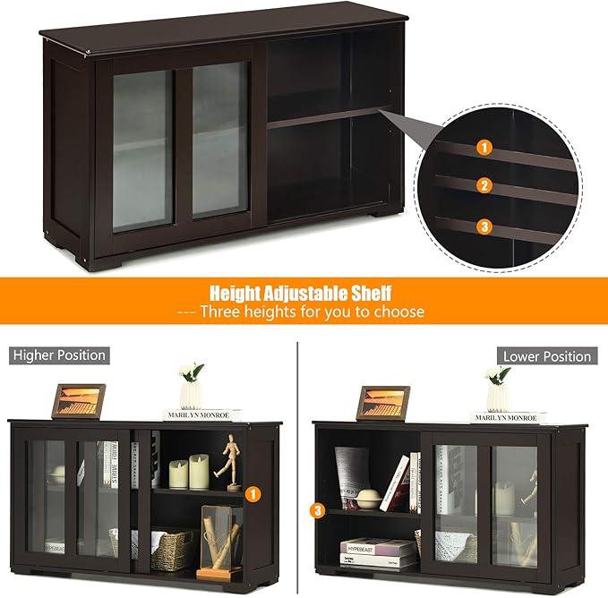 Byroce Sideboard Buffet Cabinet, Stackable Storage Coffee Bar Cabinet with Adjustable Shelf & Glass Sliding Doors, Wood Cupboard Credenza Console Table for Kitchen Dining Living Room (1, Coffee)