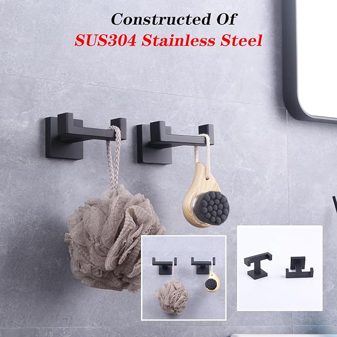 GERZWY Matte Black Bathroom Double Towel Hook Stainless Steel Coat/Robe Clothes Hook for Bath Kitchen Modern Hotel Style Wall Mounted 2 Pack AG1417B-BK